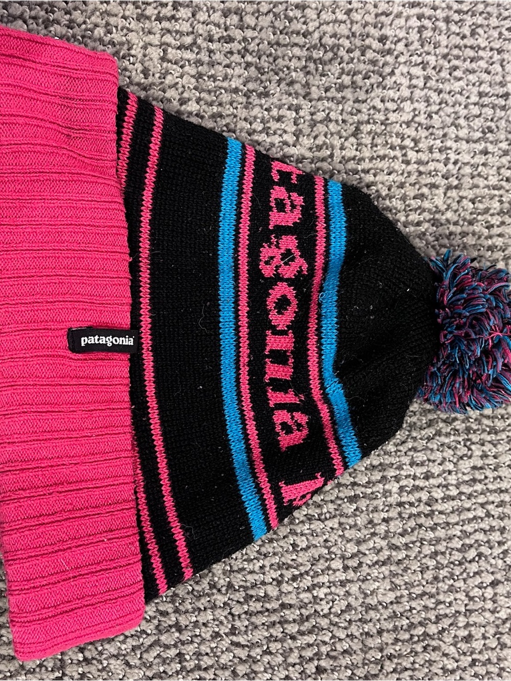 Patagonia Pink, Black & Blue Pom-Pom Beanie